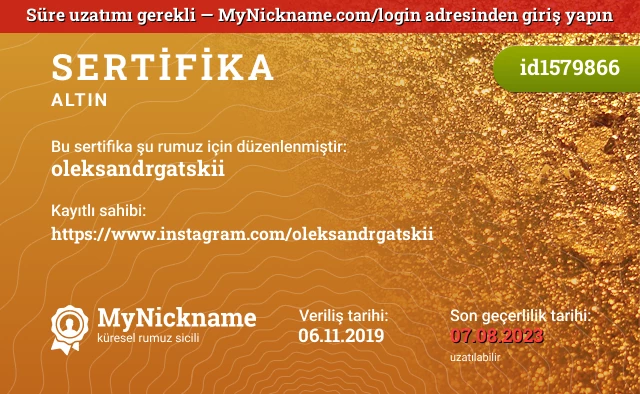 oleksandrgatskii rumuzu için sertifika, kayıtlı sahibi: https://www.instagram.com/oleksandrgatskii