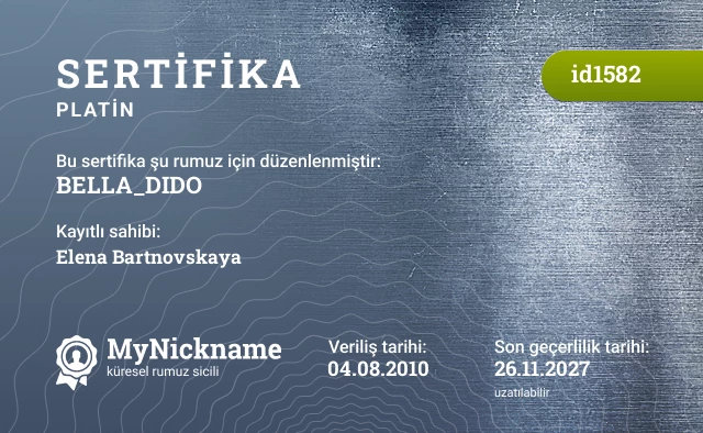 BELLA_DIDO rumuzu için sertifika, kayıtlı sahibi: Elena Bartnovskaya