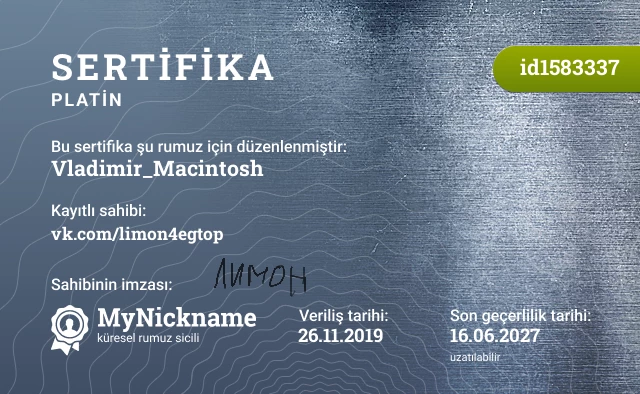 Vladimir_Macintosh rumuzu için sertifika, kayıtlı sahibi: vk.com/limon4egtop
