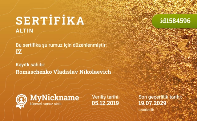 IZ rumuzu için sertifika, kayıtlı sahibi: Romaschenko Vladislav Nikolaevich