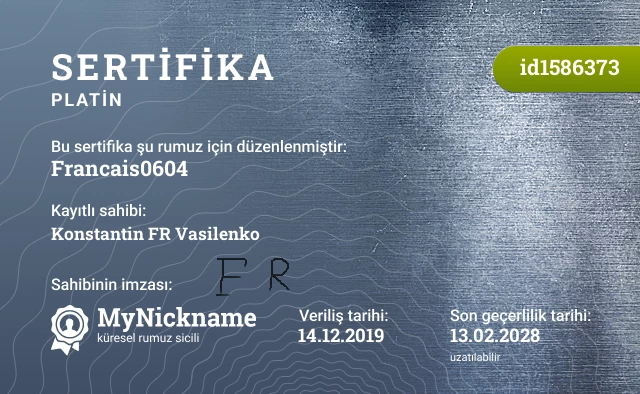 Francais0604 rumuzu için sertifika, kayıtlı sahibi: Konstantin FR Vasilenko