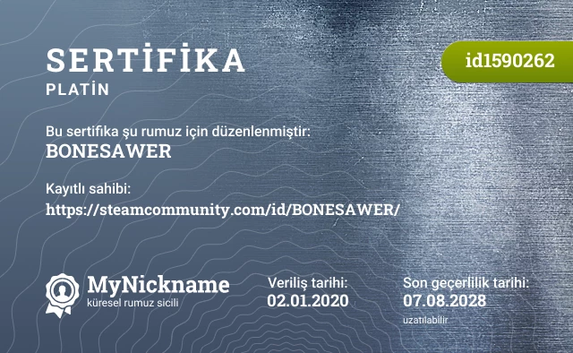 BONESAWER rumuzu için sertifika, kayıtlı sahibi: https://steamcommunity.com/id/BONESAWER/