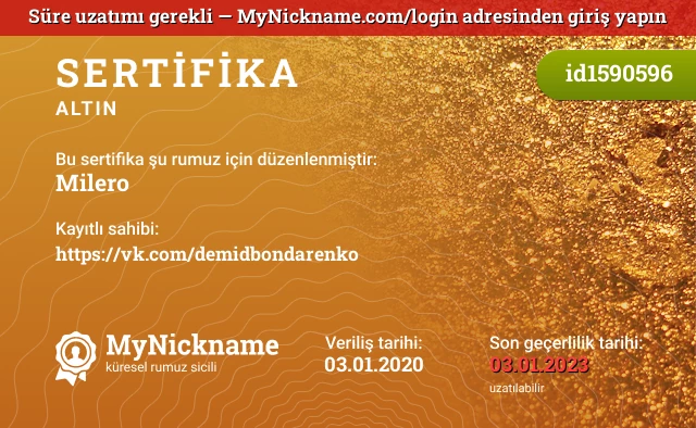 Milero rumuzu için sertifika, kayıtlı sahibi: https://vk.com/demidbondarenko