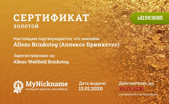 Сертификат на никнейм Allexo Brinkstog (Аллексо Бринкстог), зарегистрирован на Allexo Waltfield Brinkstog