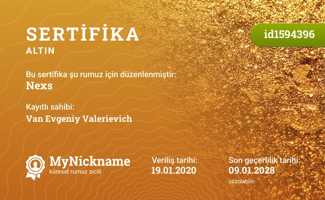 Nexs rumuzu için sertifika, kayıtlı sahibi: Van Evgeniy Valerievich