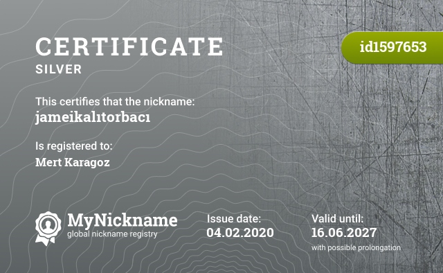 Certificate for nickname jameikalıtorbacı, registered to: mert karagöz