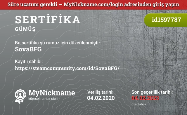 SovaBFG rumuzu için sertifika, kayıtlı sahibi: https://steamcommunity.com/id/SovaBFG/