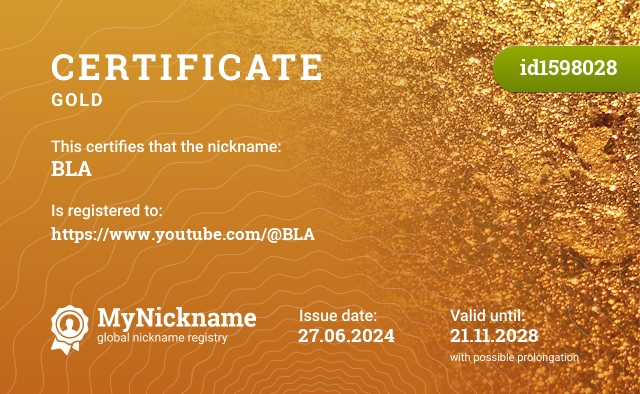 Certificate for nickname BLA, registered to: https://www.youtube.com/@BLA