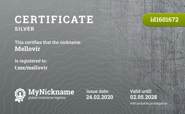 Certificate for nickname Mellovir is registered to: t.me/mellovir