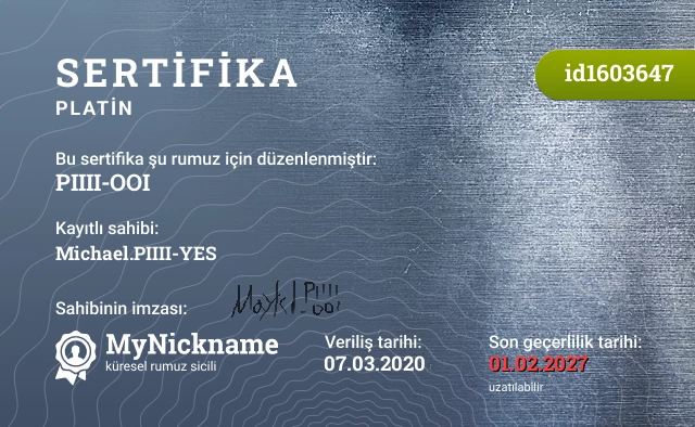 PIIII-OOI rumuzu için sertifika, kayıtlı sahibi: Michael.PIIII-YES