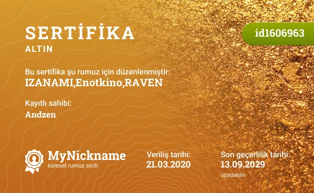 IZANAMI,Enotkino,RAVEN rumuzu için sertifika, kayıtlı sahibi: Andzen