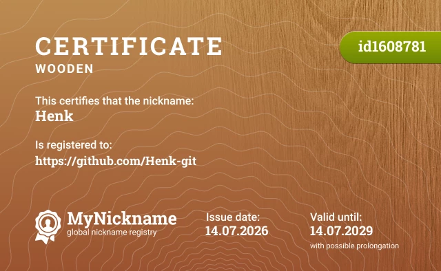 Certificate for nickname Henk, registered to: https://github.com/Henk-git