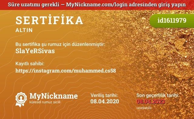 SlaYeRSivas rumuzu için sertifika, kayıtlı sahibi: https://instagram.com/muhammed.cs58