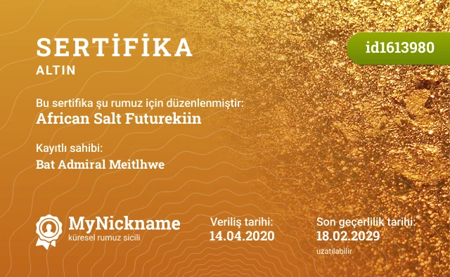 African Salt Futurekiin rumuzu için sertifika, kayıtlı sahibi: Bat Admiral Meitlhwe
