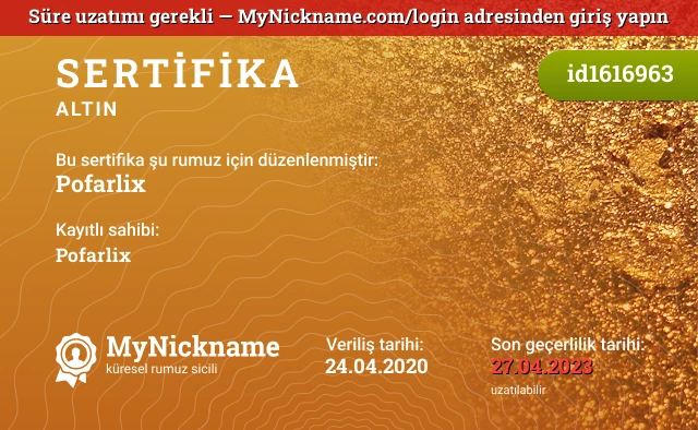 Pofarlix rumuzu için sertifika, kayıtlı sahibi: Pofarlix