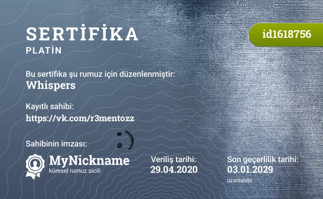 Whispers rumuzu için sertifika, kayıtlı sahibi: https://vk.com/r3mentozz