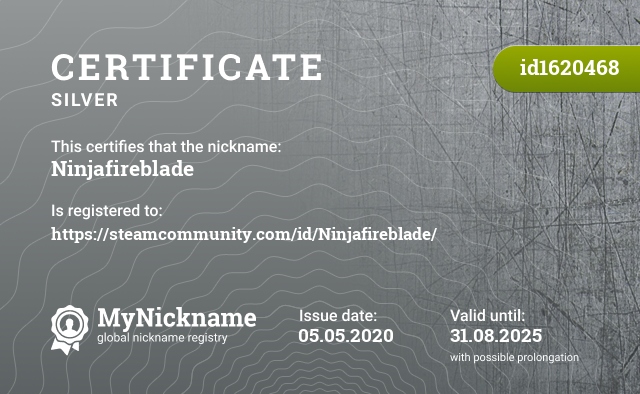 Certificate for nickname Ninjafireblade, registered to: https://steamcommunity.com/id/Ninjafireblade/