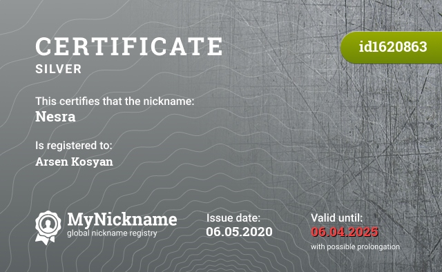 Certificate for nickname Nesra, registered to: Arsen Kosyan