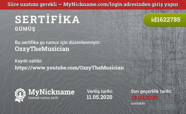 OzzyTheMusician rumuzu için sertifika, kayıtlı sahibi: https://www.youtube.com/OzzyTheMusician