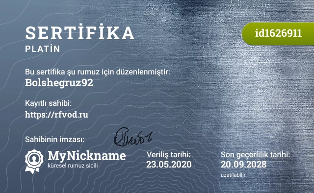 Bolshegruz92 rumuzu için sertifika, kayıtlı sahibi: https://rfvod.ru