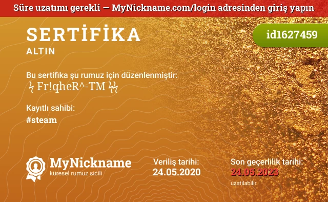 ꂑ ϟ Fr!qheR^-™ ϟϟ ♛ rumuzu için sertifika, kayıtlı sahibi: #steam