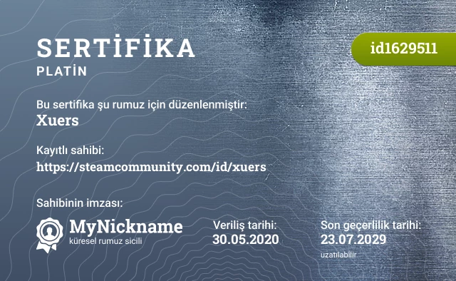 Xuers rumuzu için sertifika, kayıtlı sahibi: https://steamcommunity.com/id/xuers