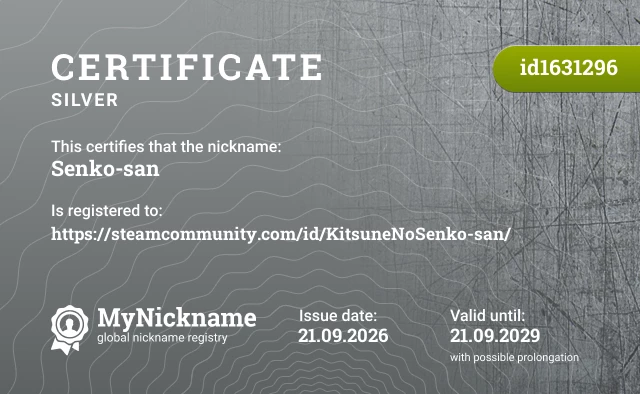 Certificate for nickname Senko-san, registered to: https://steamcommunity.com/id/KitsuneNoSenko-san/