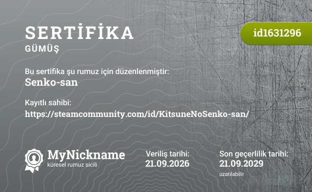 Senko-san rumuzu için sertifika, kayıtlı sahibi: https://steamcommunity.com/id/KitsuneNoSenko-san/