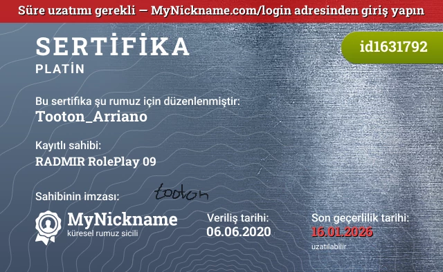 Tooton_Arriano rumuzu için sertifika, kayıtlı sahibi: RADMIR RolePlay 09