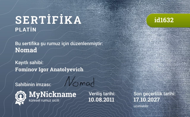 Nomad rumuzu için sertifika, kayıtlı sahibi: Fominov Igor Anatolyevich