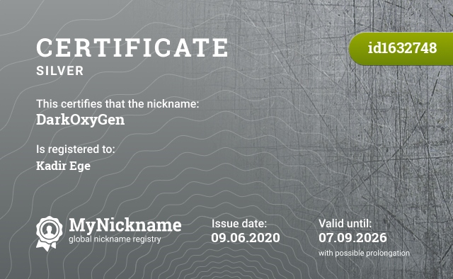 Certificate for nickname DarkOxyGen, registered to: Kadir Ege