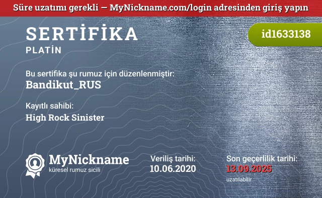 Bandikut_RUS rumuzu için sertifika, kayıtlı sahibi: High Rock Sinister