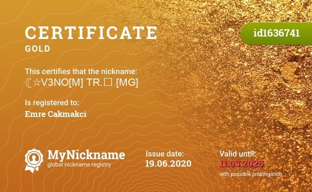 Certificate for nickname ☾☆V3NO[M] TR.✅ [MG], registered to: Emre Çakmakçı