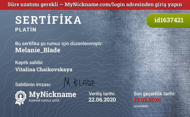 Melanie_Blade rumuzu için sertifika, kayıtlı sahibi: Vitalina Chaikovskaya