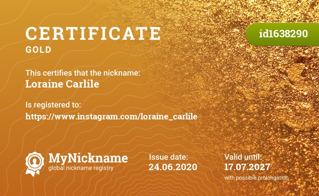 Certificate for nickname Loraine Carlile, registered to: https://www.instagram.com/loraine_carlile