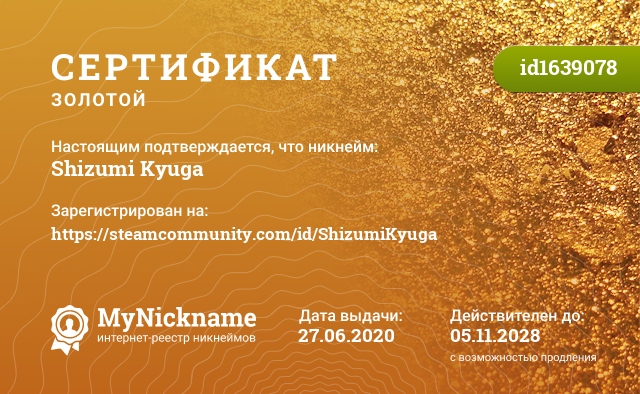 Сертификат на никнейм Shizumi Kyuga, зарегистрирован на https://steamcommunity.com/id/ShizumiKyuga