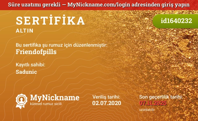 Friendofpills rumuzu için sertifika, kayıtlı sahibi: Sadunic