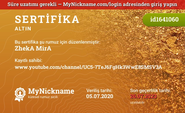 ZhekA MirA rumuzu için sertifika, kayıtlı sahibi: www.youtube.com/channel/UC5-7TeJ6FgHk3WwE8SMSV3A