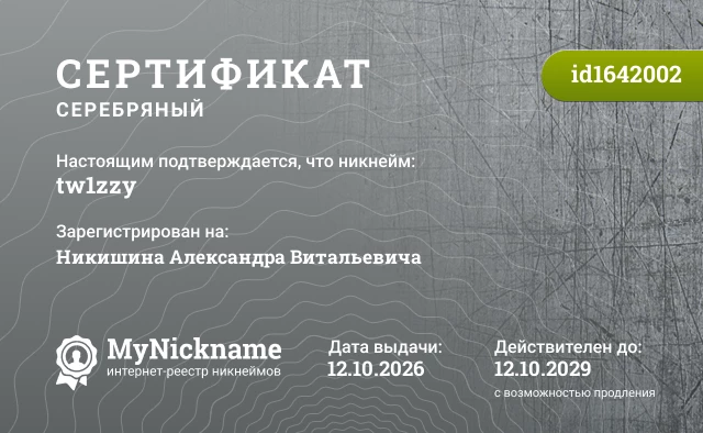 Сертификат на никнейм tw1zzy, зарегистрирован на Никишина Александра Витальевича
