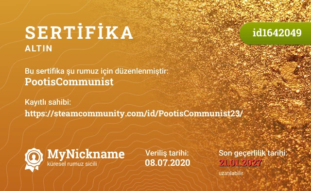 PootisCommunist rumuzu için sertifika, kayıtlı sahibi: https://steamcommunity.com/id/PootisCommunist23/