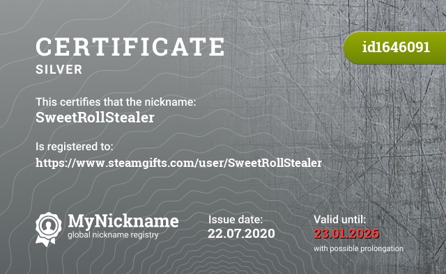 Certificate for nickname SweetRollStealer, registered to: https://www.steamgifts.com/user/SweetRollStealer