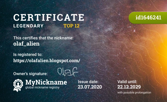 Certificate for nickname olaf_alien is registered to: https://olafalien.blogspot.com/