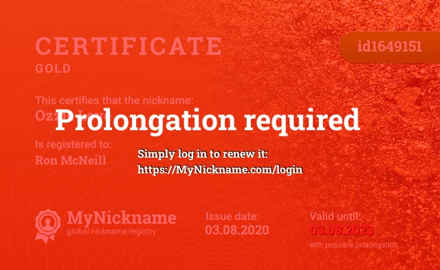 Certificate for nickname Ozzie Love is registered to: Ron McNeill