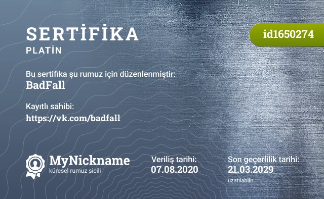 BadFall rumuzu için sertifika, kayıtlı sahibi: https://vk.com/badfall