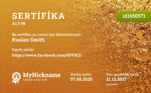 Ruslan Smith rumuzu için sertifika, kayıtlı sahibi: https://www.facebook.com/RPFKZ/