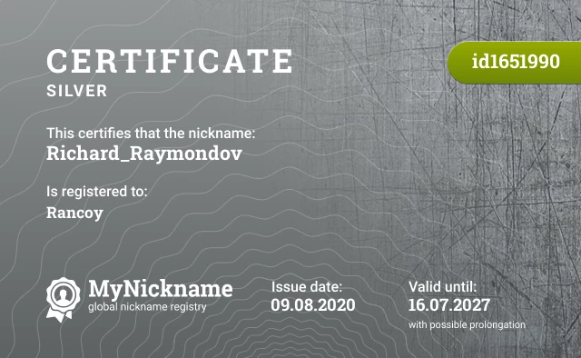 Certificate for nickname Richard_Raymondov is registered to: Rancoy