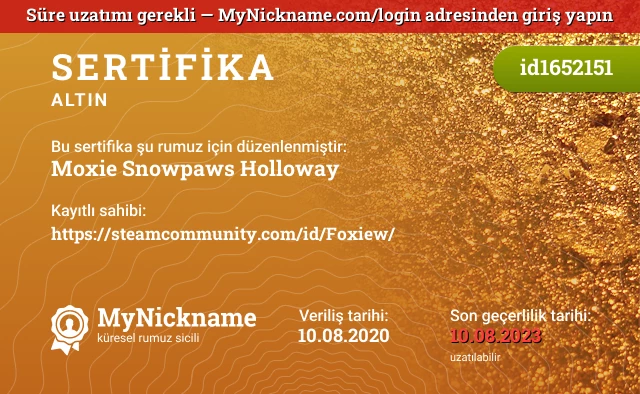 Moxie Snowpaws Holloway rumuzu için sertifika, kayıtlı sahibi: https://steamcommunity.com/id/Foxiew/
