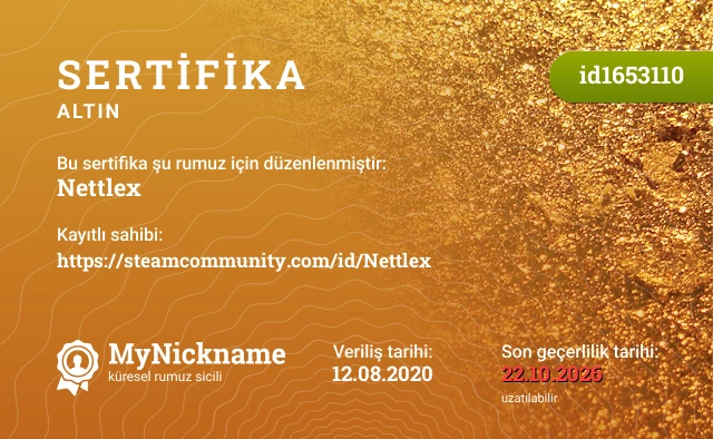 Nettlex rumuzu için sertifika, kayıtlı sahibi: https://steamcommunity.com/id/Nettlex
