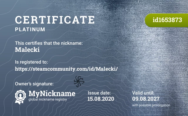 Certificate for nickname Malecki is registered to: https://steamcommunity.com/id/Malecki/
