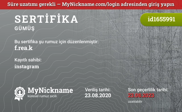 f.rea.k rumuzu için sertifika, kayıtlı sahibi: instagram
